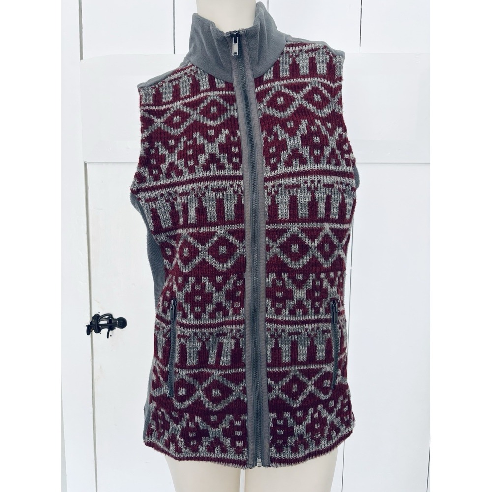 Ruff Hewn - Cranberry Knit Gray Fleece Back Full Zip Vest - Women's Largeâ